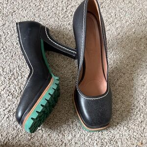 Marni Black Leather Pumps with Green Lug Sole and Tan Midsole